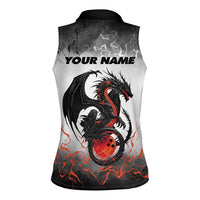 Custom Black Dragon Bowling Women Sleeveless Polo Shirt with Fiery Ball and Thunderstorm Lightning Pattern - Wonder Print Shop