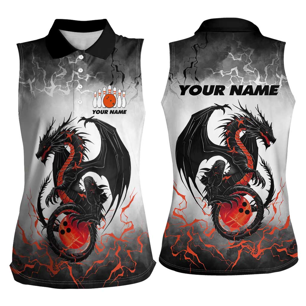 Custom Black Dragon Bowling Women Sleeveless Polo Shirt with Fiery Ball and Thunderstorm Lightning Pattern - Wonder Print Shop