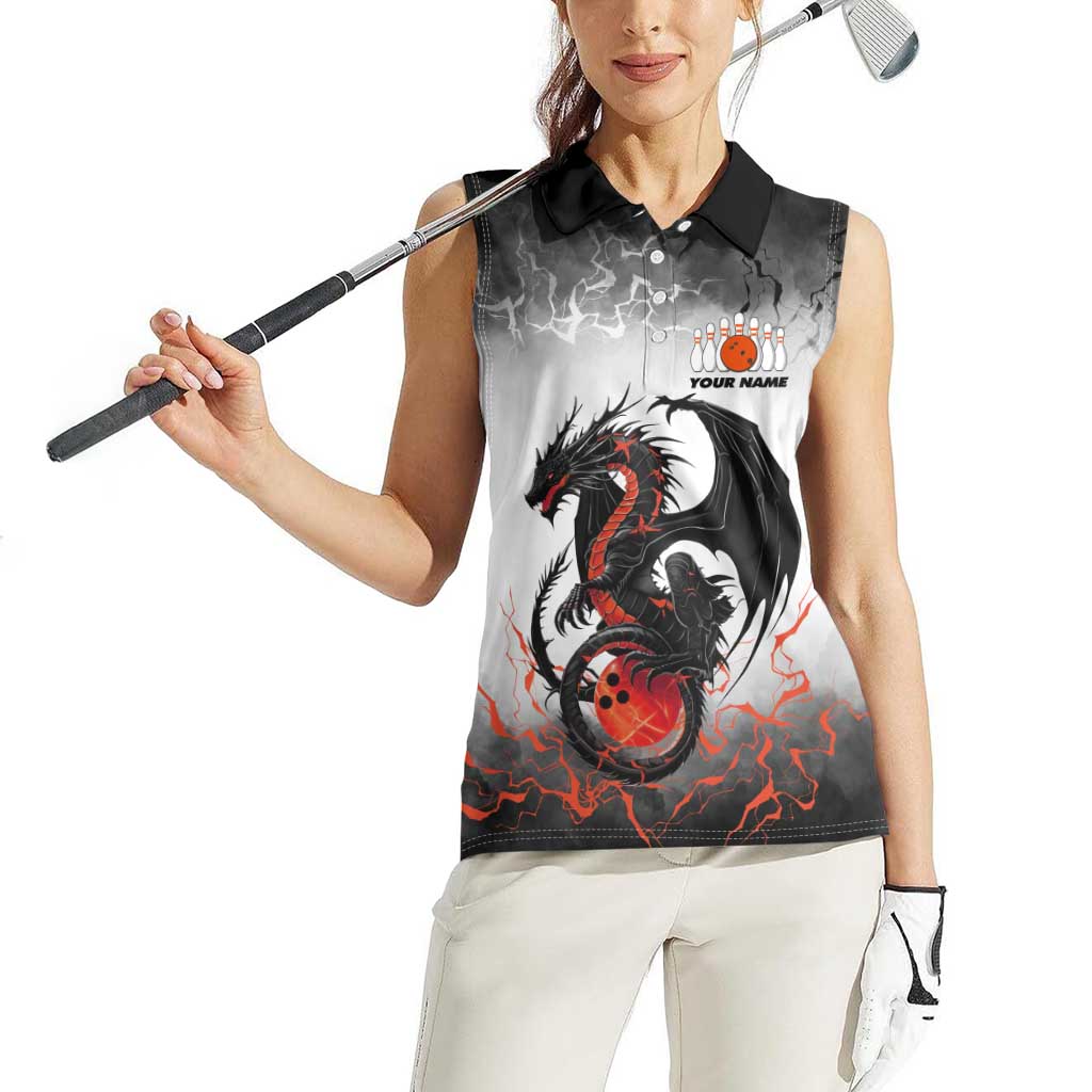 Custom Black Dragon Bowling Women Sleeveless Polo Shirt with Fiery Ball and Thunderstorm Lightning Pattern - Wonder Print Shop