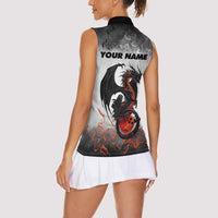 Custom Black Dragon Bowling Women Sleeveless Polo Shirt with Fiery Ball and Thunderstorm Lightning Pattern - Wonder Print Shop