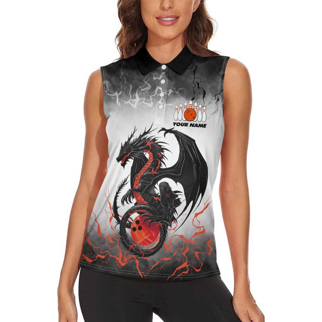 Custom Black Dragon Bowling Women Sleeveless Polo Shirt with Fiery Ball and Thunderstorm Lightning Pattern - Wonder Print Shop