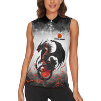 Custom Black Dragon Bowling Women Sleeveless Polo Shirt with Fiery Ball and Thunderstorm Lightning Pattern - Wonder Print Shop