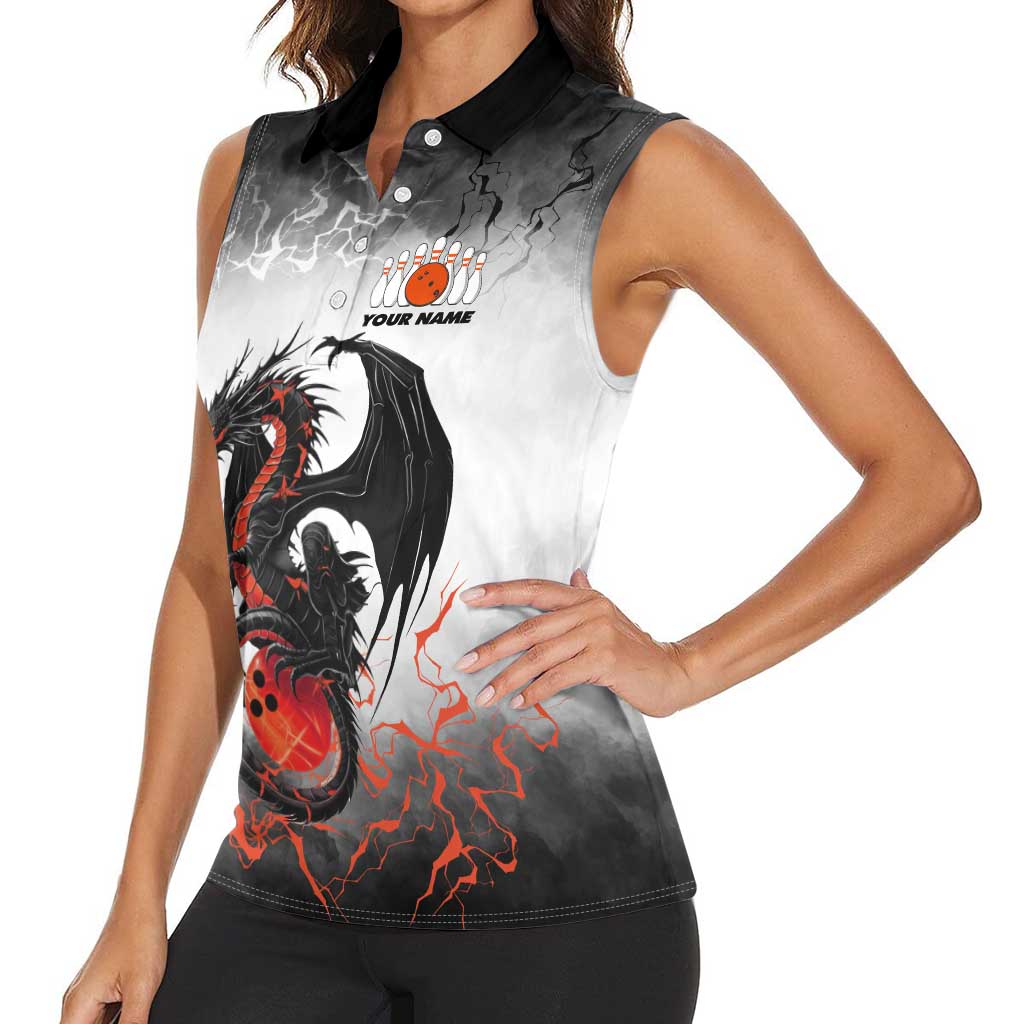 Custom Black Dragon Bowling Women Sleeveless Polo Shirt with Fiery Ball and Thunderstorm Lightning Pattern - Wonder Print Shop