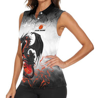 Custom Black Dragon Bowling Women Sleeveless Polo Shirt with Fiery Ball and Thunderstorm Lightning Pattern - Wonder Print Shop