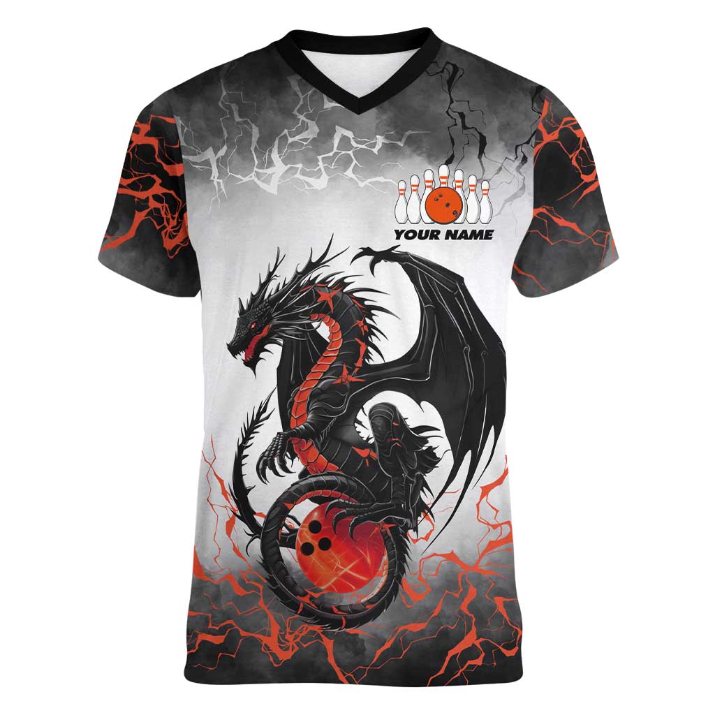 Custom Black Dragon Bowling Women V-Neck T-Shirt with Fiery Ball and Thunderstorm Lightning Pattern - Wonder Print Shop