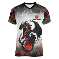 Custom Black Dragon Bowling Women V-Neck T-Shirt with Fiery Ball and Thunderstorm Lightning Pattern - Wonder Print Shop