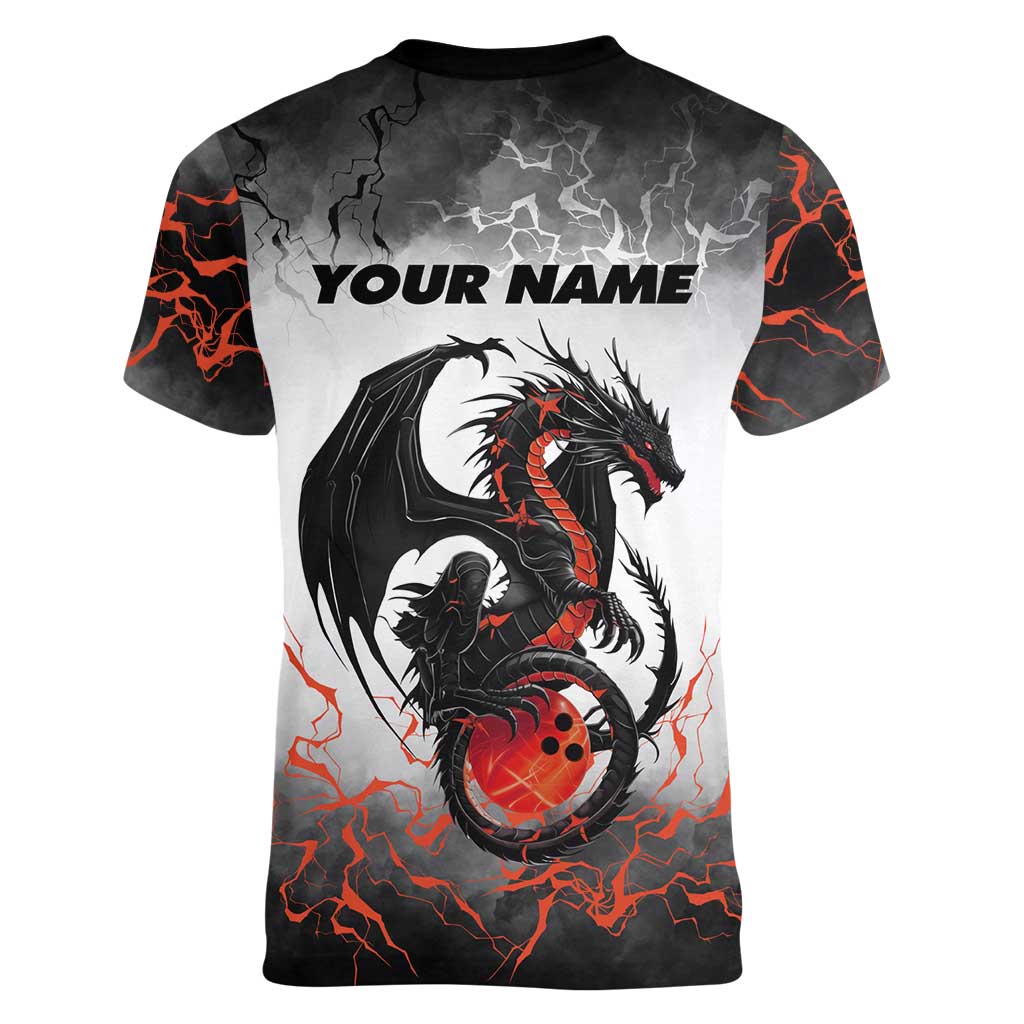 Custom Black Dragon Bowling Women V-Neck T-Shirt with Fiery Ball and Thunderstorm Lightning Pattern - Wonder Print Shop