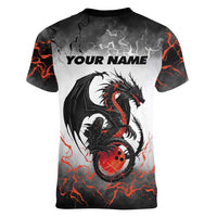 Custom Black Dragon Bowling Women V-Neck T-Shirt with Fiery Ball and Thunderstorm Lightning Pattern - Wonder Print Shop