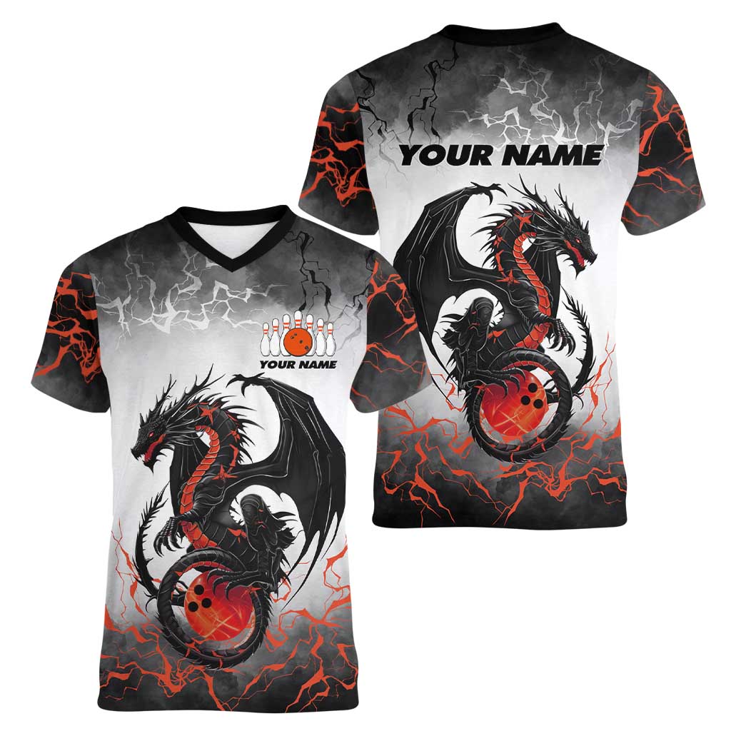 Custom Black Dragon Bowling Women V-Neck T-Shirt with Fiery Ball and Thunderstorm Lightning Pattern - Wonder Print Shop