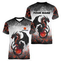 Custom Black Dragon Bowling Women V-Neck T-Shirt with Fiery Ball and Thunderstorm Lightning Pattern - Wonder Print Shop