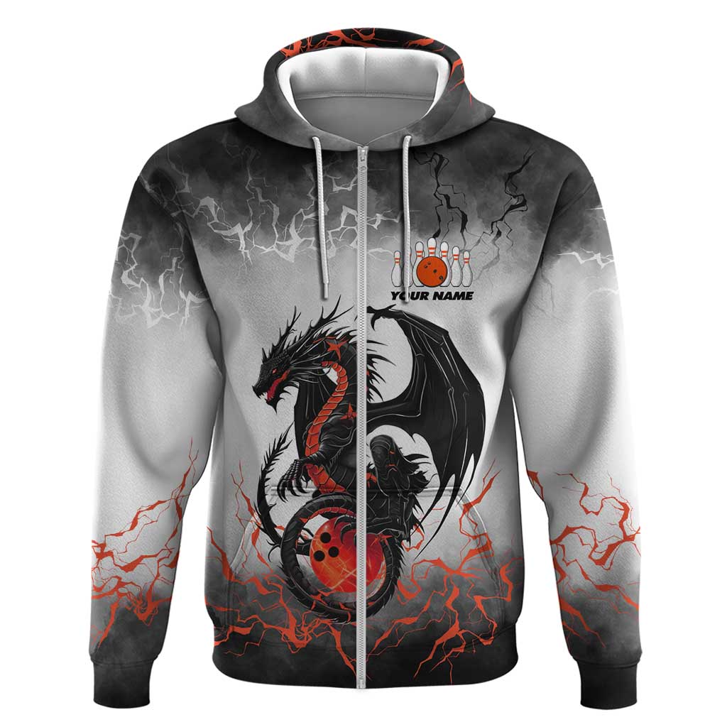 Custom Black Dragon Bowling Zip Hoodie with Fiery Ball and Thunderstorm Lightning Pattern - Wonder Print Shop