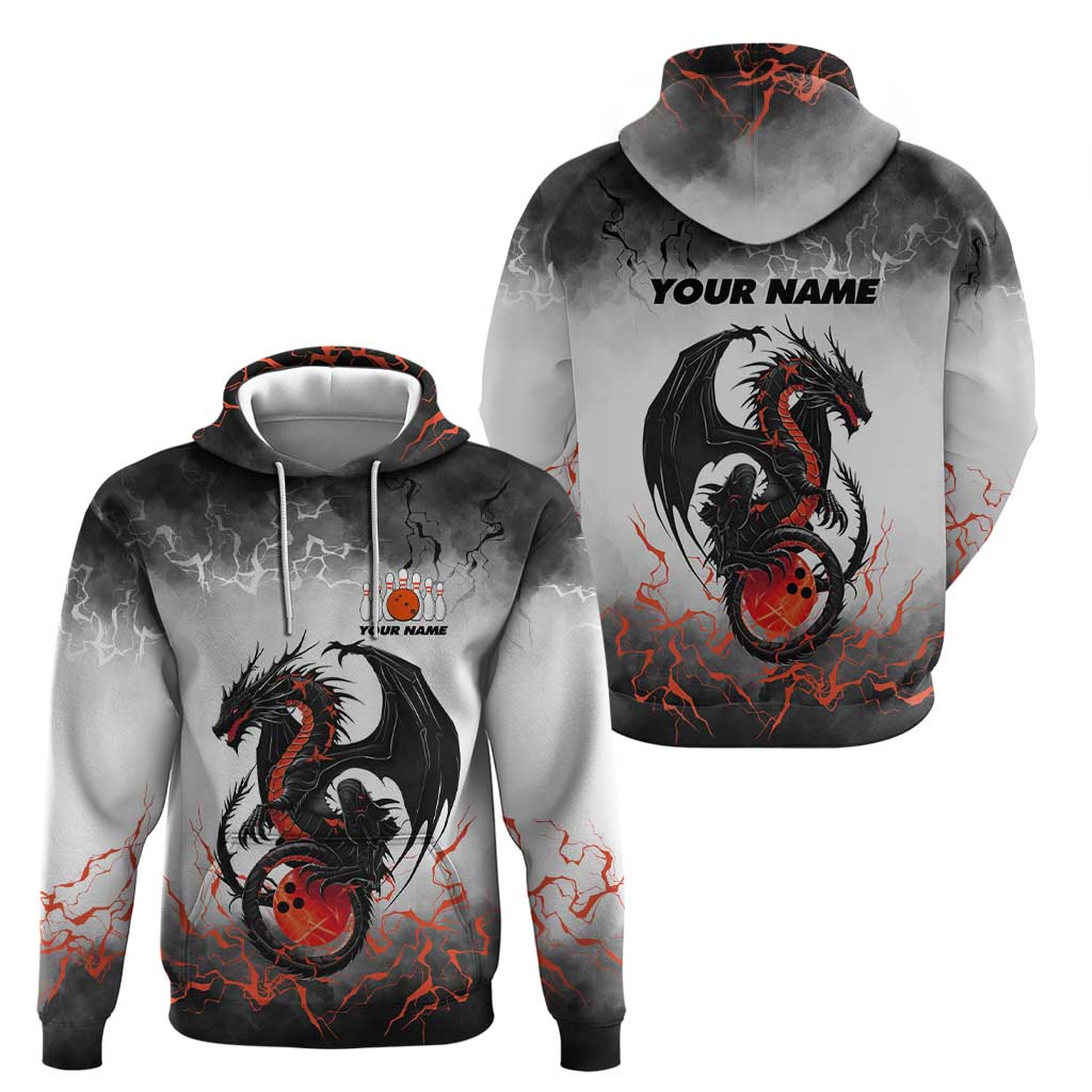 Custom Black Dragon Bowling Zip Hoodie with Fiery Ball and Thunderstorm Lightning Pattern - Wonder Print Shop