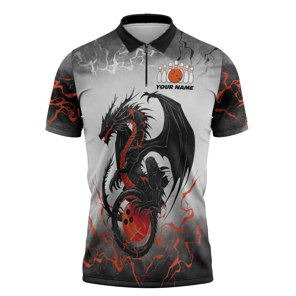 Custom Black Dragon Bowling Zipper Polo Shirt with Fiery Ball and Thunderstorm Lightning Pattern - Wonder Print Shop