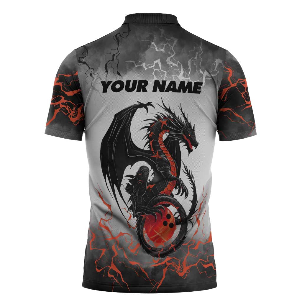 Custom Black Dragon Bowling Zipper Polo Shirt with Fiery Ball and Thunderstorm Lightning Pattern - Wonder Print Shop