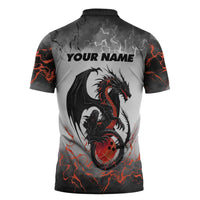 Custom Black Dragon Bowling Zipper Polo Shirt with Fiery Ball and Thunderstorm Lightning Pattern - Wonder Print Shop