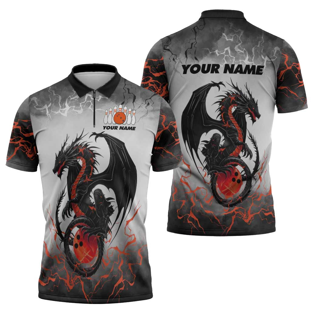Custom Black Dragon Bowling Zipper Polo Shirt with Fiery Ball and Thunderstorm Lightning Pattern - Wonder Print Shop