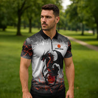 Custom Black Dragon Bowling Zipper Polo Shirt with Fiery Ball and Thunderstorm Lightning Pattern - Wonder Print Shop