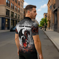 Custom Black Dragon Bowling Zipper Polo Shirt with Fiery Ball and Thunderstorm Lightning Pattern - Wonder Print Shop