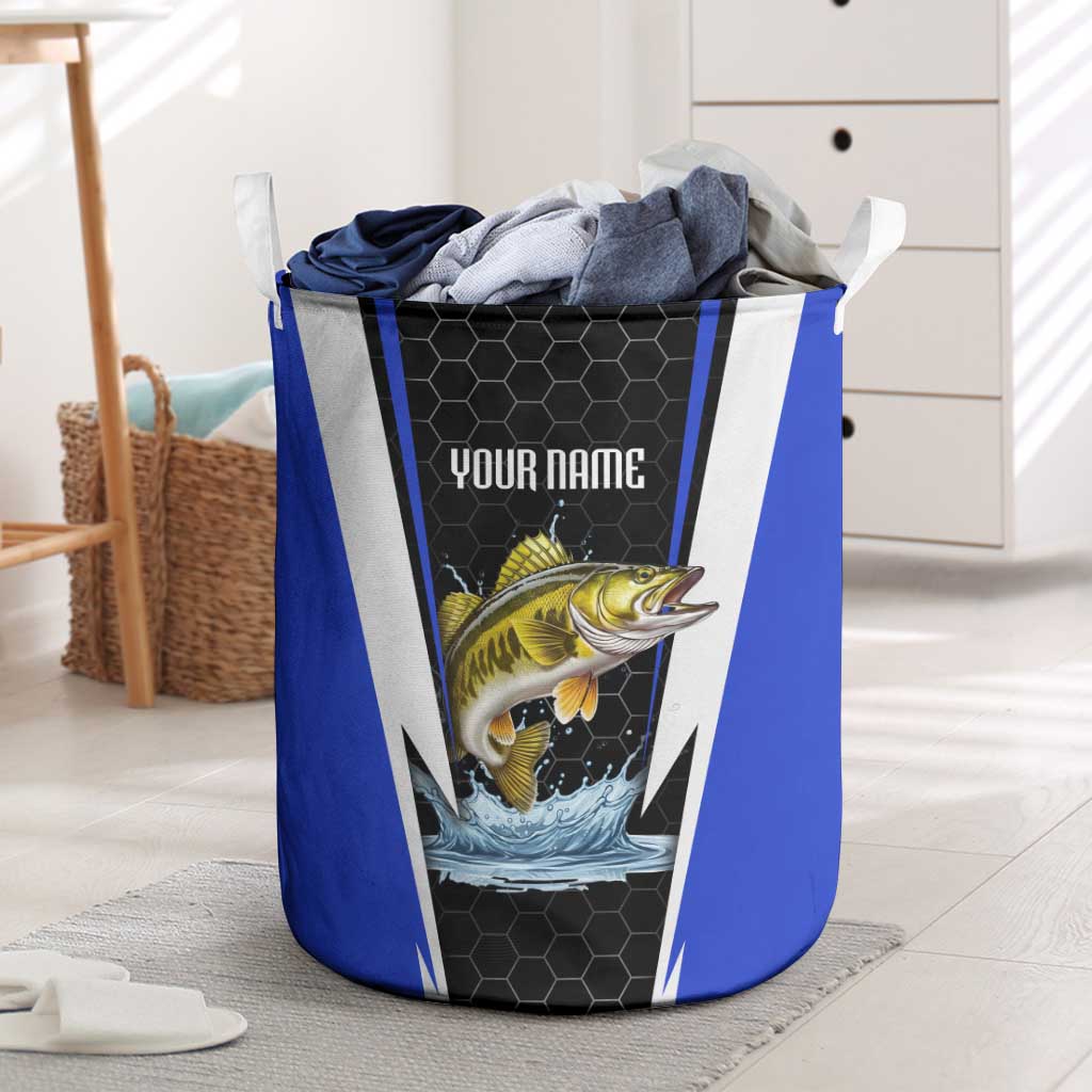 Custom Walleye Fishing Laundry Basket with Jumping Fish Splash and Blue Black Hexagon Pattern - Wonder Print Shop
