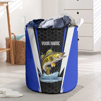 Custom Walleye Fishing Laundry Basket with Jumping Fish Splash and Blue Black Hexagon Pattern - Wonder Print Shop