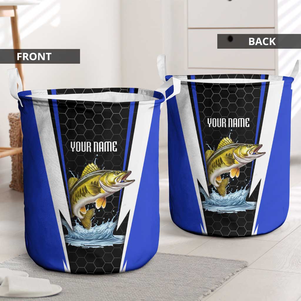 Custom Walleye Fishing Laundry Basket with Jumping Fish Splash and Blue Black Hexagon Pattern - Wonder Print Shop