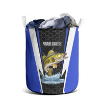Custom Walleye Fishing Laundry Basket with Jumping Fish Splash and Blue Black Hexagon Pattern - Wonder Print Shop