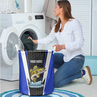 Custom Walleye Fishing Laundry Basket with Jumping Fish Splash and Blue Black Hexagon Pattern - Wonder Print Shop