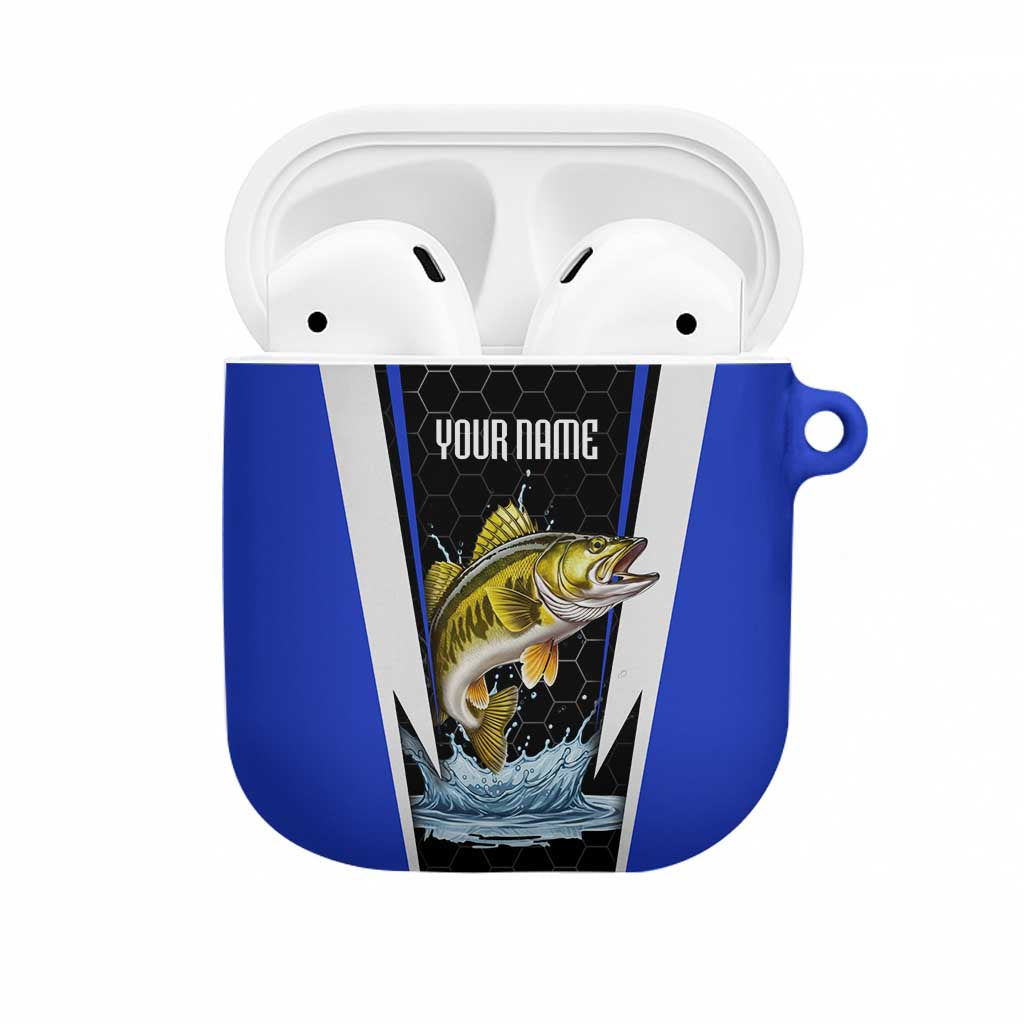 Custom Walleye Fishing AirPods Case with Jumping Fish Splash and Blue Black Hexagon Pattern - Wonder Print Shop