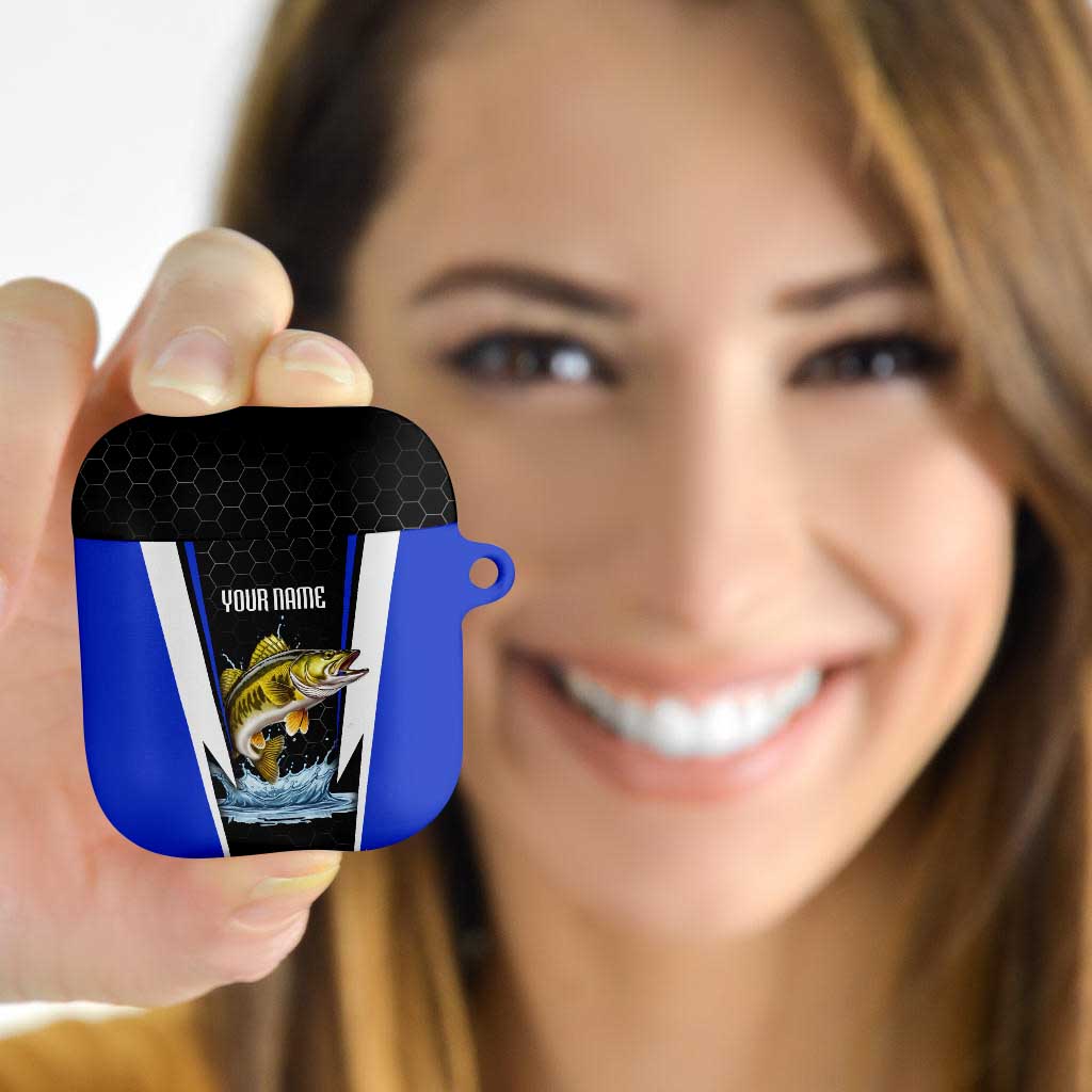 Custom Walleye Fishing AirPods Case with Jumping Fish Splash and Blue Black Hexagon Pattern - Wonder Print Shop