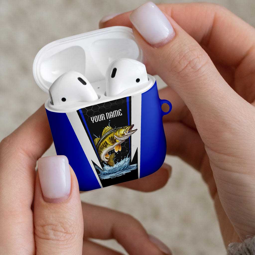 Custom Walleye Fishing AirPods Case with Jumping Fish Splash and Blue Black Hexagon Pattern - Wonder Print Shop