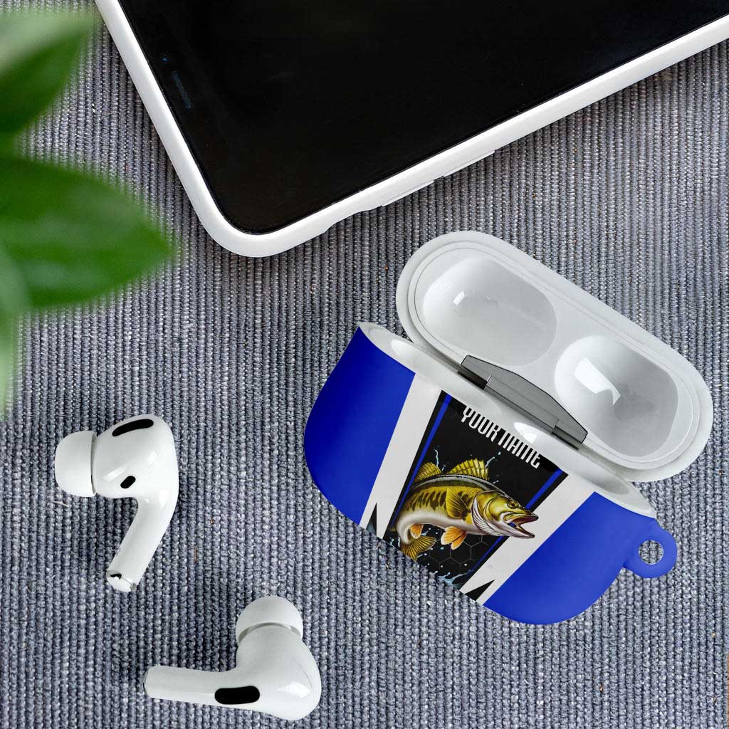 Custom Walleye Fishing AirPods Case with Jumping Fish Splash and Blue Black Hexagon Pattern - Wonder Print Shop