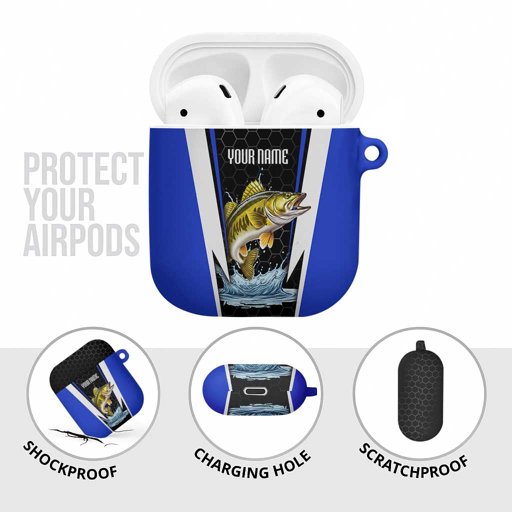 Custom Walleye Fishing AirPods Case with Jumping Fish Splash and Blue Black Hexagon Pattern - Wonder Print Shop