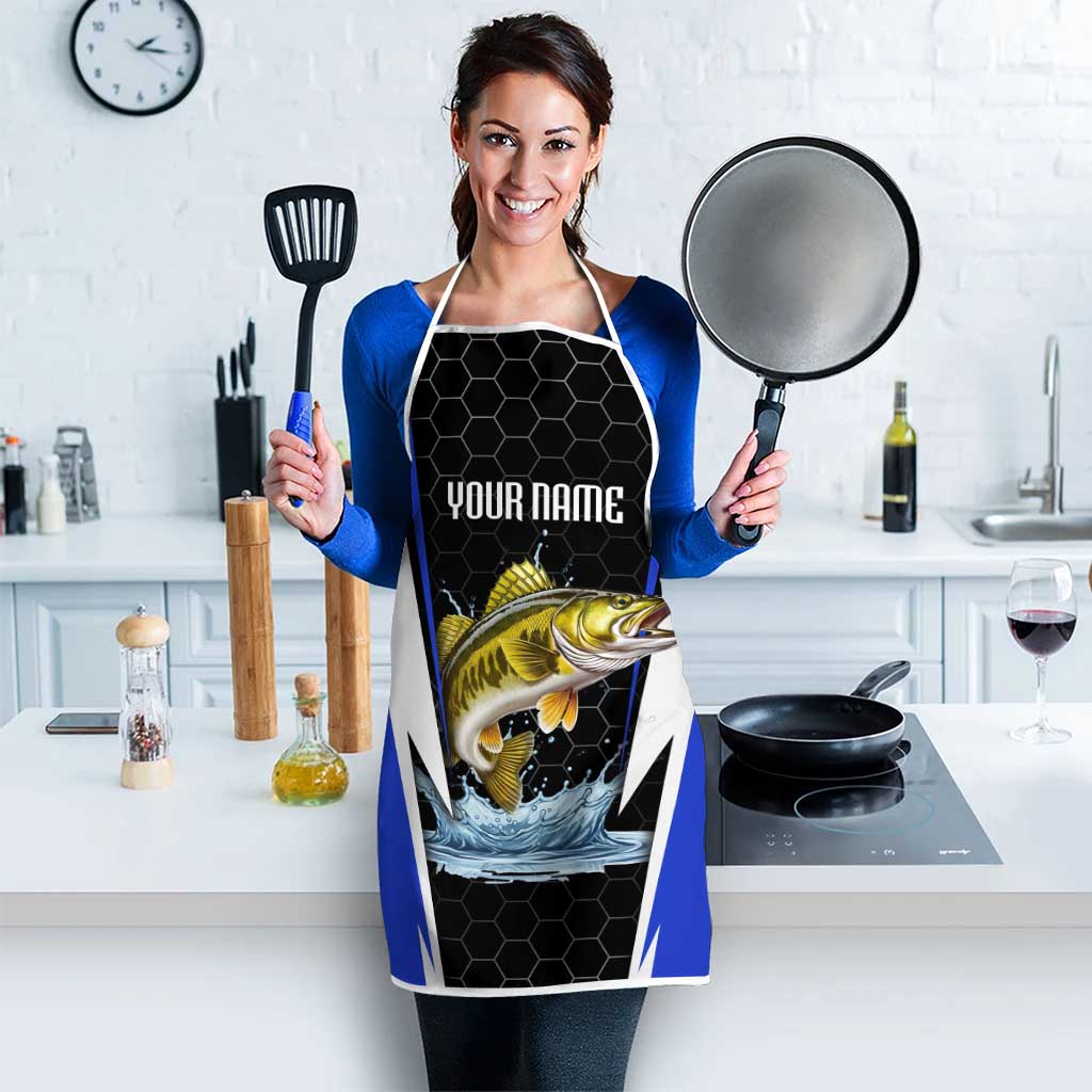 Custom Walleye Fishing Apron with Jumping Fish Splash and Blue Black Hexagon Pattern - Wonder Print Shop