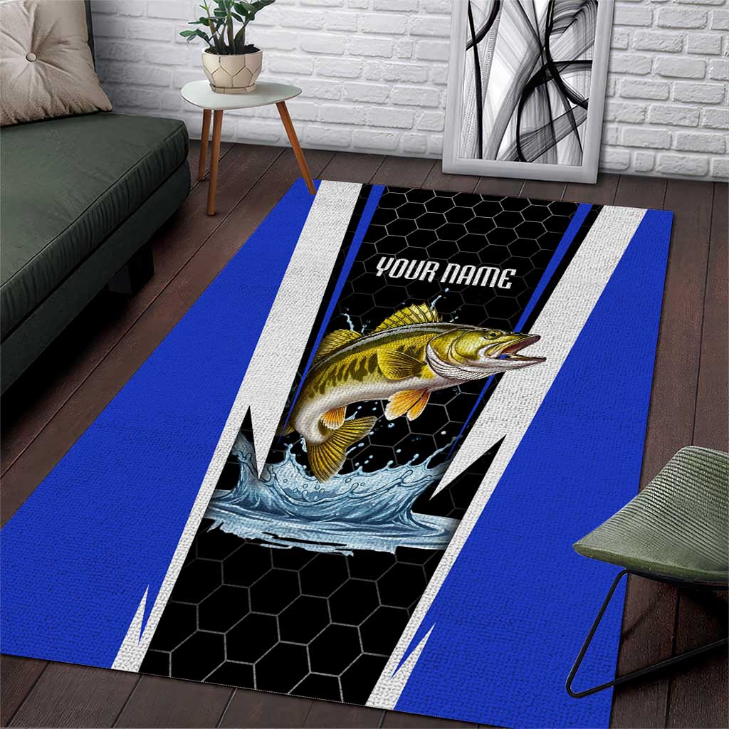Custom Walleye Fishing Area Rug with Jumping Fish Splash and Blue Black Hexagon Pattern - Wonder Print Shop