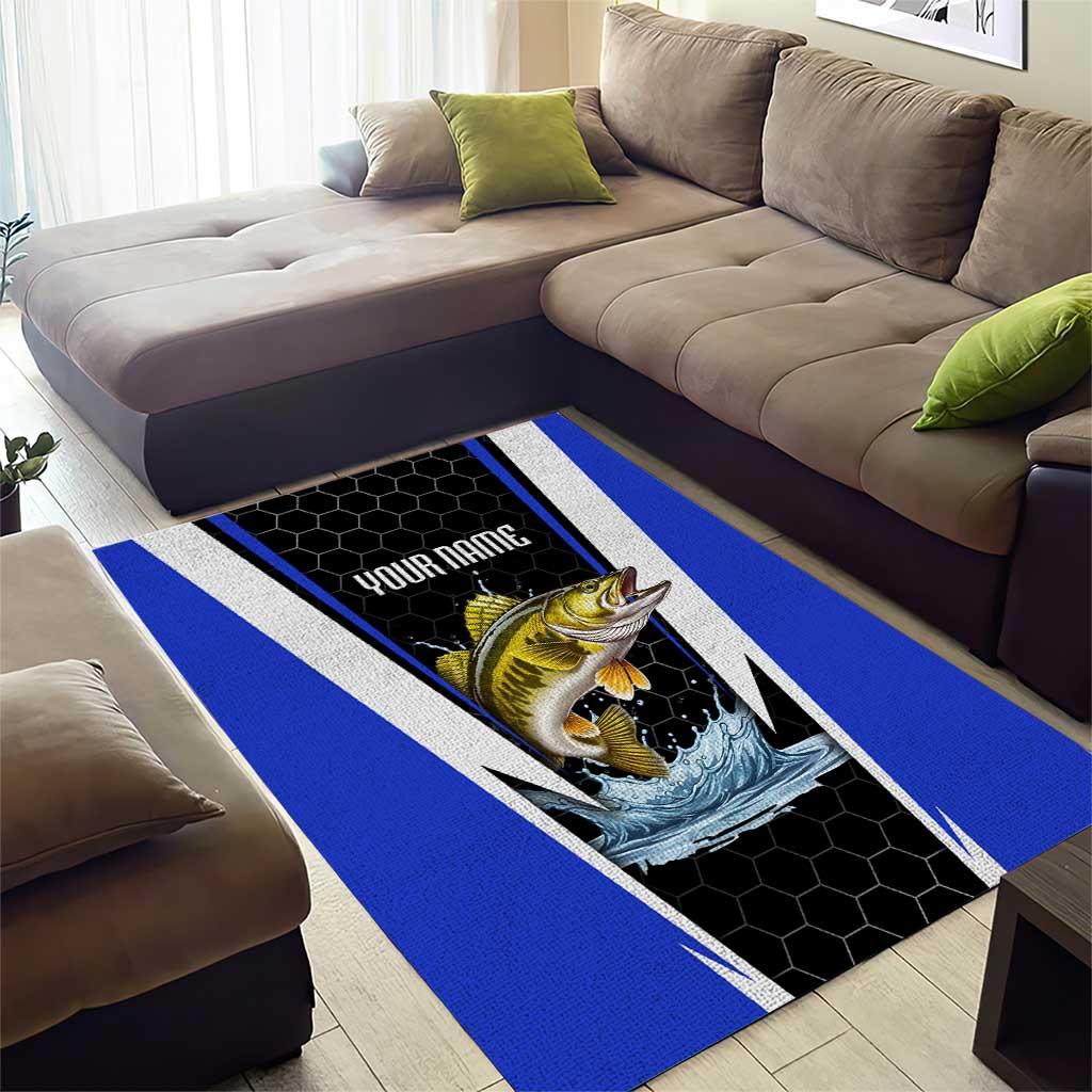 Custom Walleye Fishing Area Rug with Jumping Fish Splash and Blue Black Hexagon Pattern - Wonder Print Shop