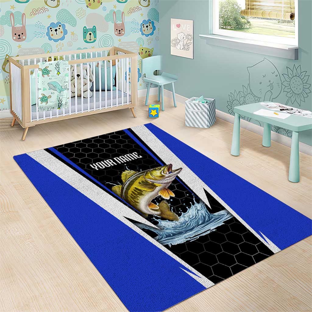 Custom Walleye Fishing Area Rug with Jumping Fish Splash and Blue Black Hexagon Pattern - Wonder Print Shop