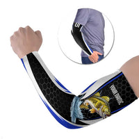 Custom Walleye Fishing Arm Sleeves with Jumping Fish Splash and Blue Black Hexagon Pattern - Wonder Print Shop