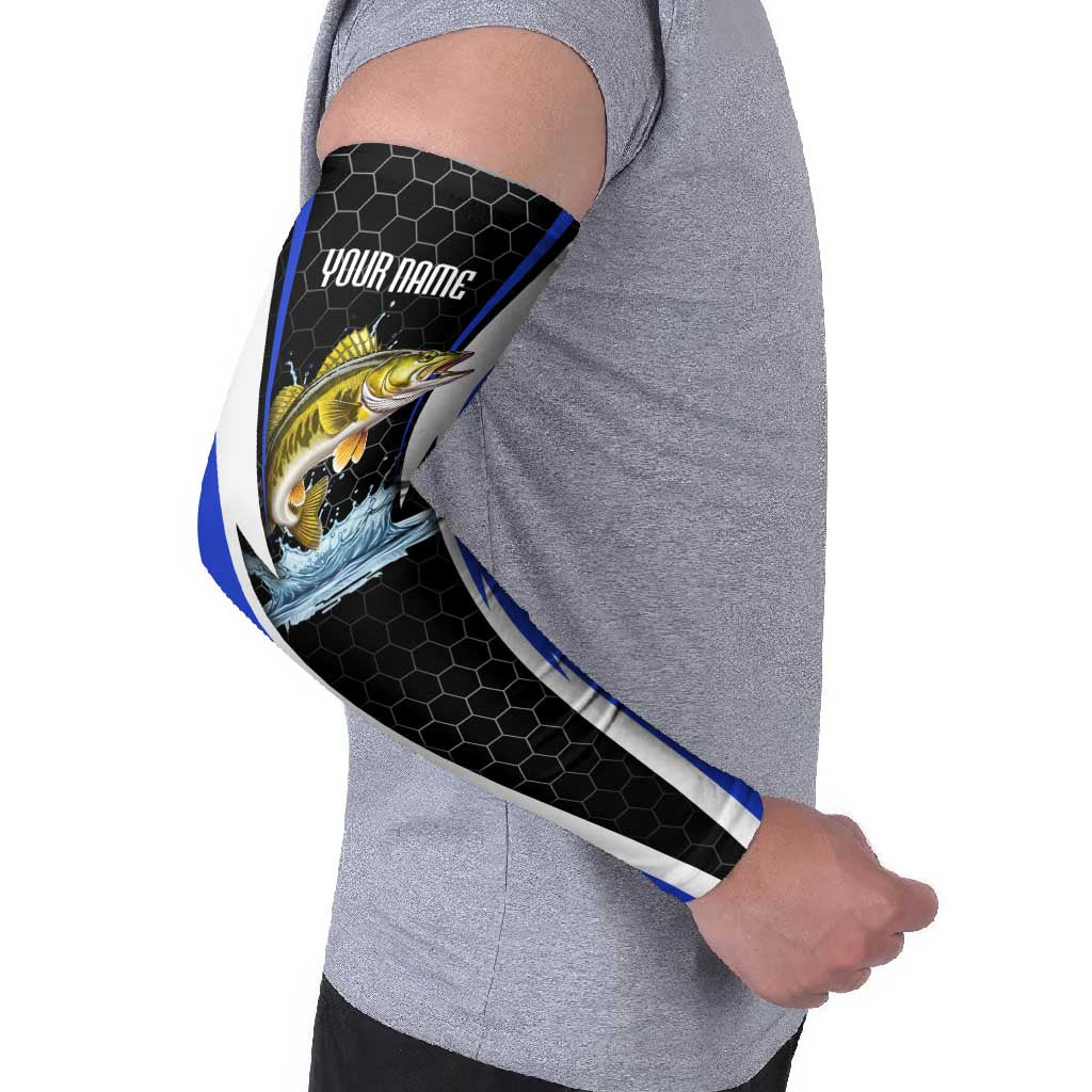 Custom Walleye Fishing Arm Sleeves with Jumping Fish Splash and Blue Black Hexagon Pattern - Wonder Print Shop