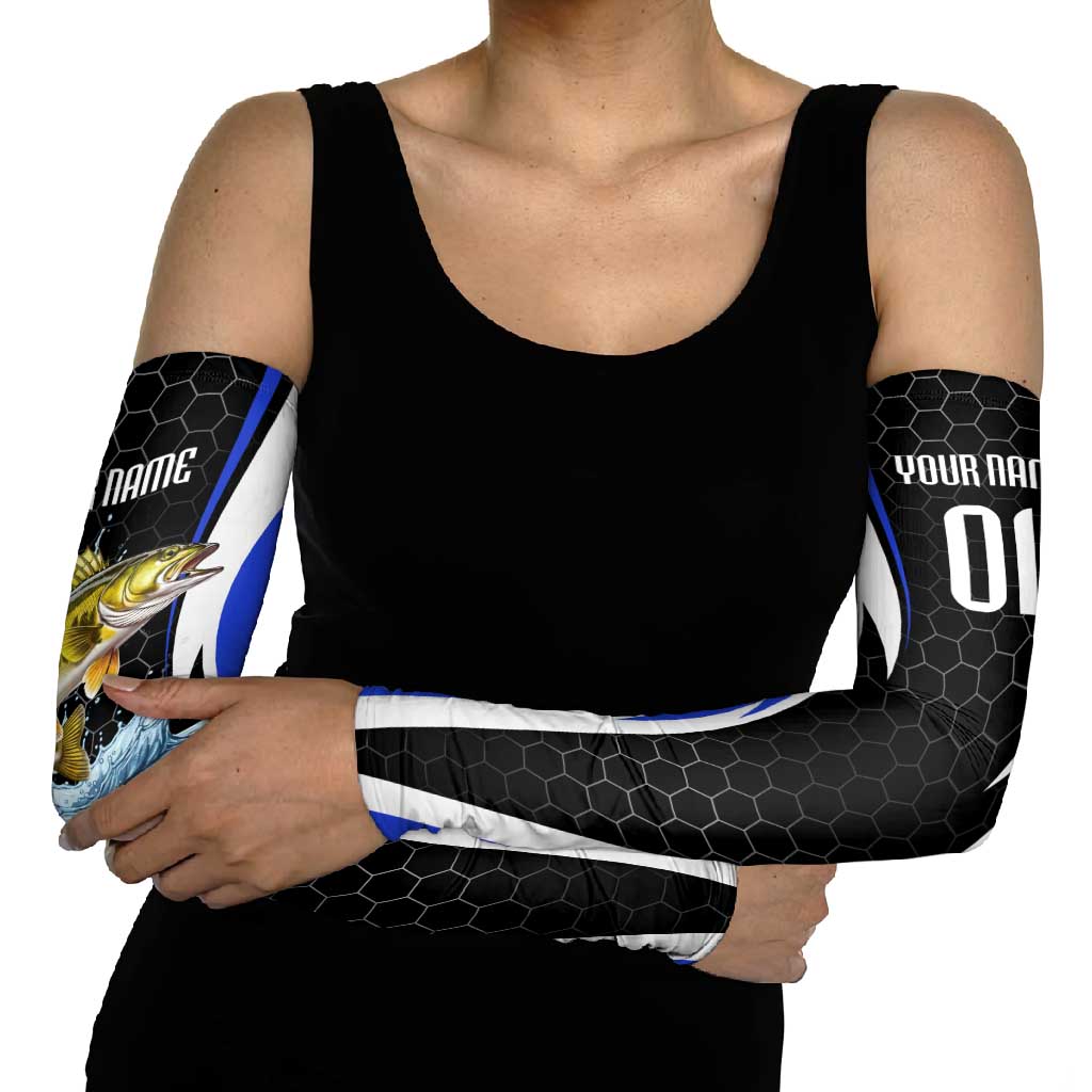 Custom Walleye Fishing Arm Sleeves with Jumping Fish Splash and Blue Black Hexagon Pattern - Wonder Print Shop