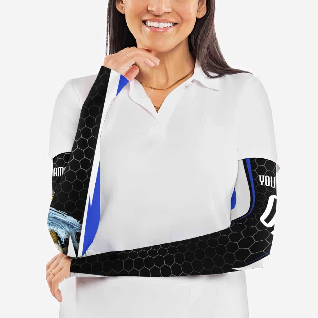 Custom Walleye Fishing Arm Sleeves with Jumping Fish Splash and Blue Black Hexagon Pattern - Wonder Print Shop