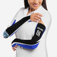 Custom Walleye Fishing Arm Sleeves with Jumping Fish Splash and Blue Black Hexagon Pattern - Wonder Print Shop