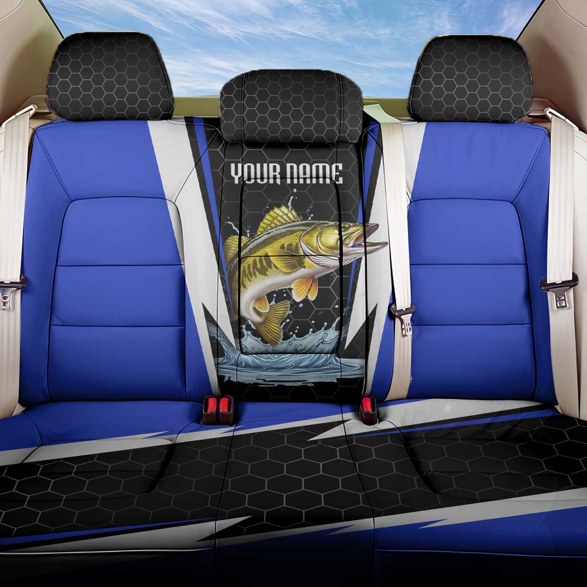 Custom Walleye Fishing Back Car Seat Cover with Jumping Fish Splash and Blue Black Hexagon Pattern - Wonder Print Shop