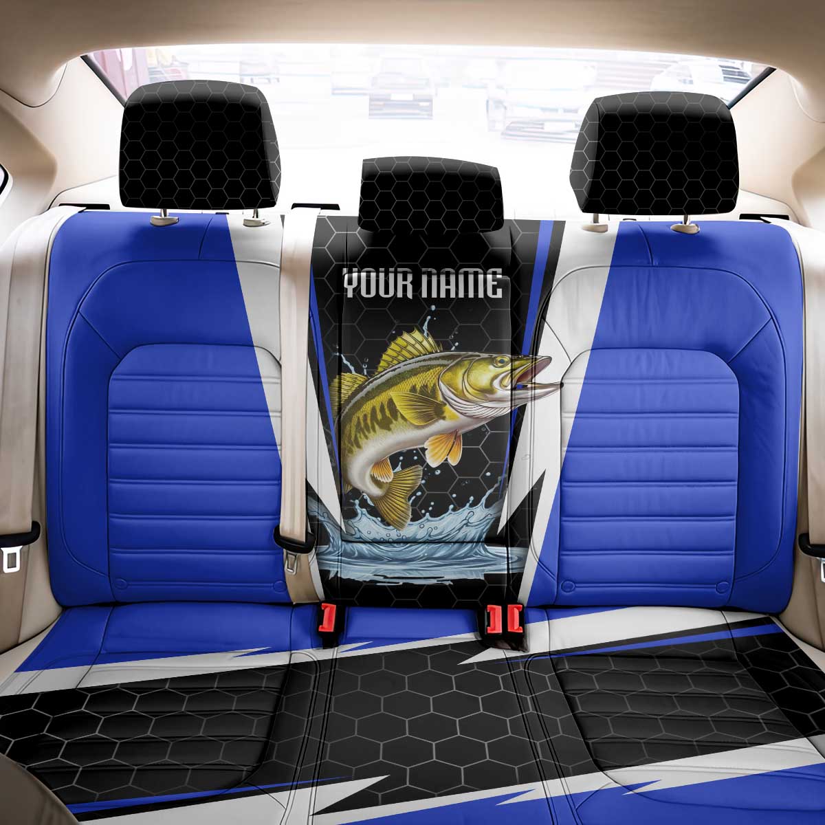 Custom Walleye Fishing Back Car Seat Cover with Jumping Fish Splash and Blue Black Hexagon Pattern - Wonder Print Shop