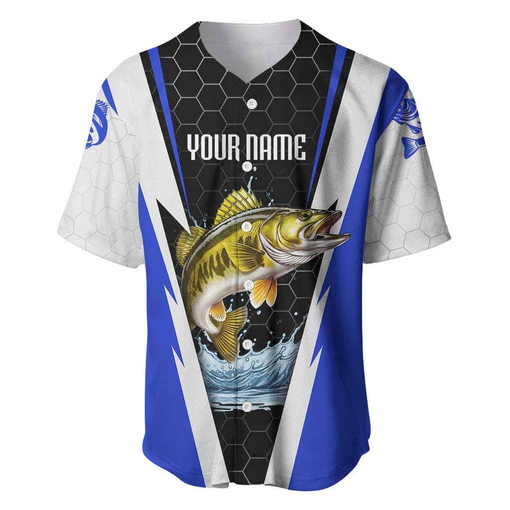 Custom Walleye Fishing Baseball Jersey with Jumping Fish Splash and Blue Black Hexagon Pattern - Wonder Print Shop