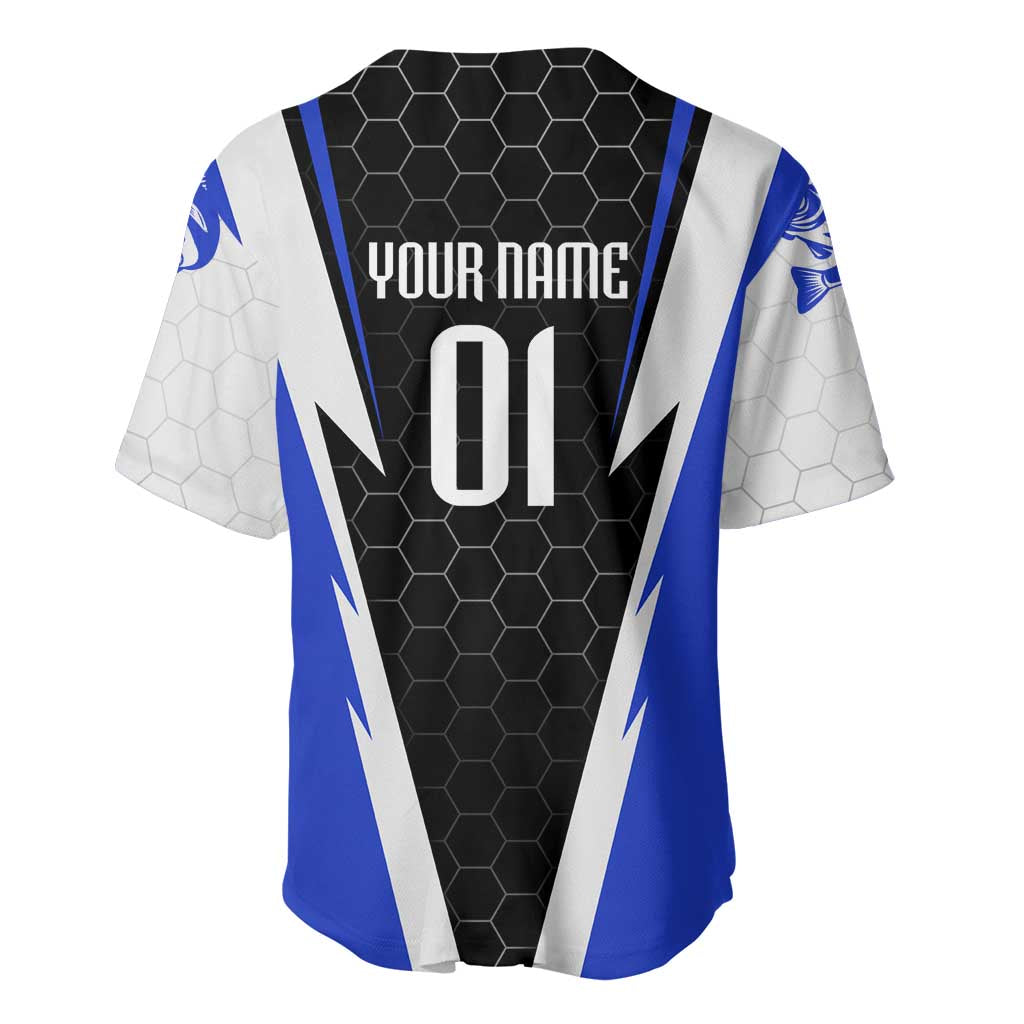 Custom Walleye Fishing Baseball Jersey with Jumping Fish Splash and Blue Black Hexagon Pattern - Wonder Print Shop