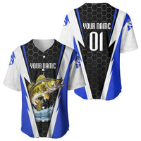 Custom Walleye Fishing Baseball Jersey with Jumping Fish Splash and Blue Black Hexagon Pattern - Wonder Print Shop