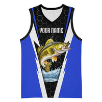 Custom Walleye Fishing Basketball Jersey with Jumping Fish Splash and Blue Black Hexagon Pattern - Wonder Print Shop