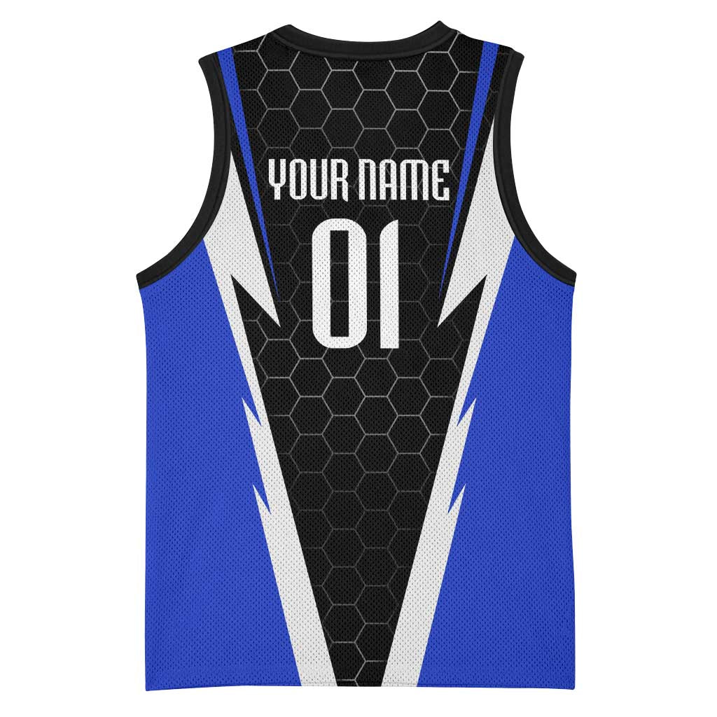 Custom Walleye Fishing Basketball Jersey with Jumping Fish Splash and Blue Black Hexagon Pattern - Wonder Print Shop