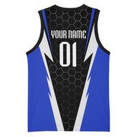 Custom Walleye Fishing Basketball Jersey with Jumping Fish Splash and Blue Black Hexagon Pattern - Wonder Print Shop