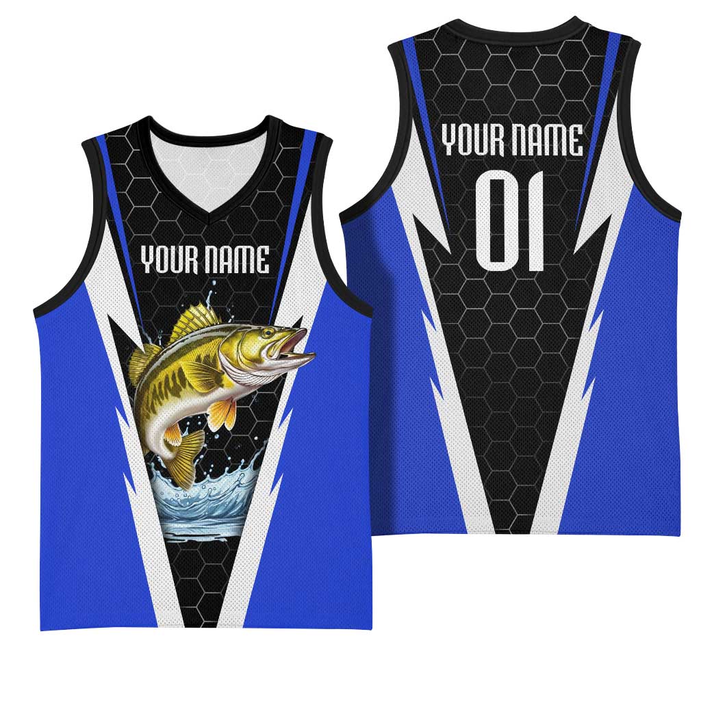 Custom Walleye Fishing Basketball Jersey with Jumping Fish Splash and Blue Black Hexagon Pattern - Wonder Print Shop